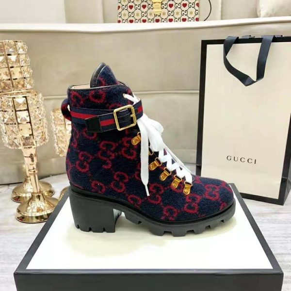 Gucci Women Gucci Zumi GG Wool Ankle Boot in Blue and Red GG Wool (2)
