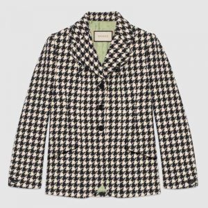 Gucci Women Houndstooth Fitted Jacket in Wool and Cotton-Black