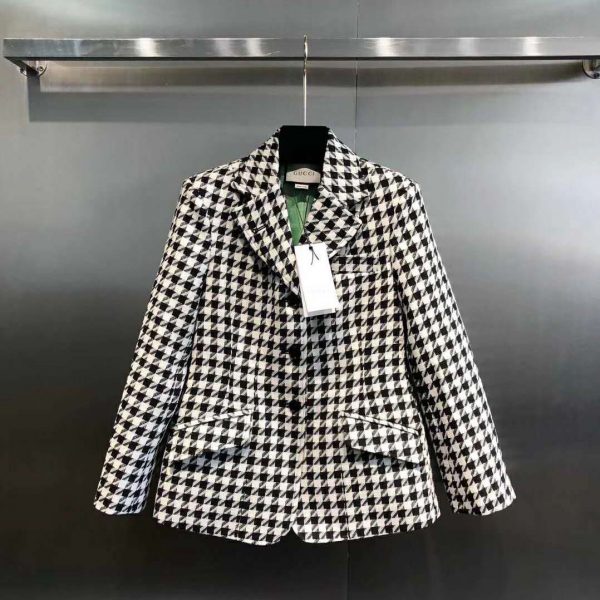 Gucci Women Houndstooth Fitted Jacket in Wool and Cotton-Black (2)