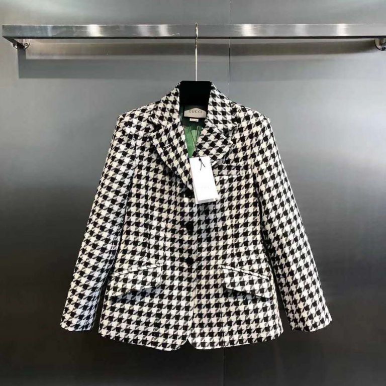 Gucci Women Houndstooth Fitted Jacket in Wool and Cotton-Black - LULUX