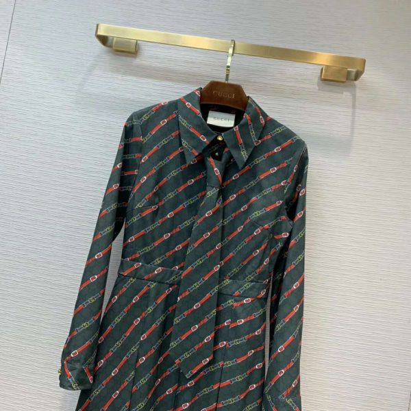 Gucci Women Interlocking G and Belts Print Dress in 100% Silk-Green (3)