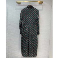 Gucci Women Interlocking G and Belts Print Dress in 100% Silk-Green (1)