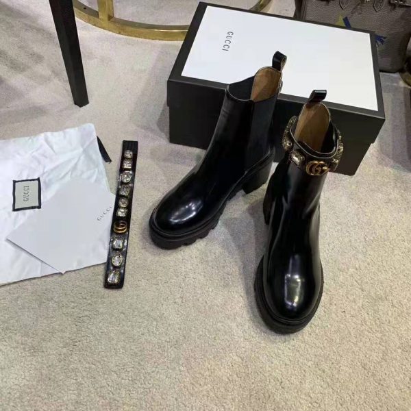 Gucci Women Leather Ankle Boot with Belt 6 cm Heel in Black Shiny Leather (8)
