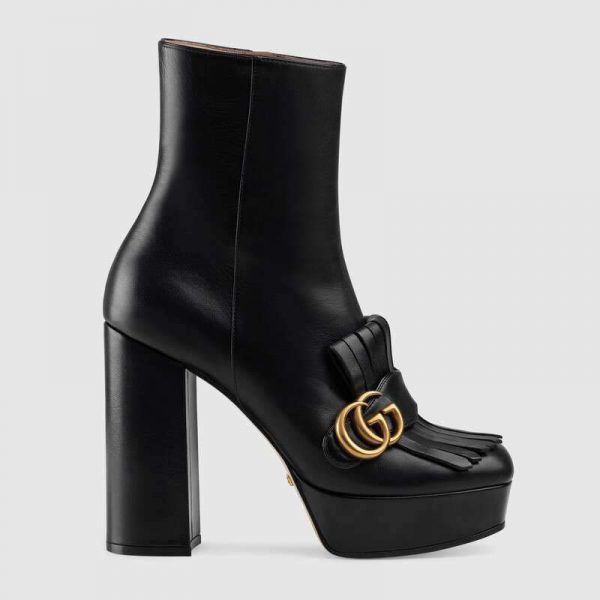 Gucci Women Leather Ankle Boot with Fringe Double G Hardware-Black