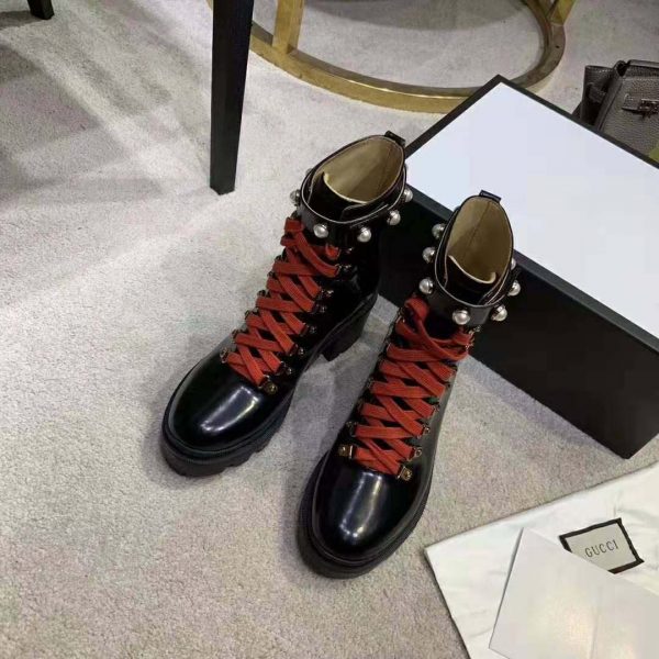 Gucci Women Leather Ankle Boot with Red Laces in Black Shiny Leather (2)