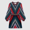 Gucci Women Multicolor Geometric Pattern Wool Knit Mini Dress-Blue