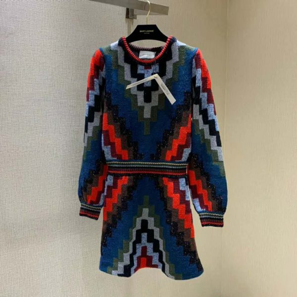 Gucci Women Multicolor Geometric Pattern Wool Knit Mini Dress-Blue (2)