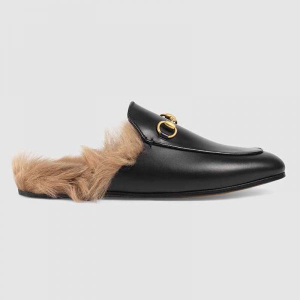 Gucci Women Princetown Leather Slipper with Lamb Wool-Black (1)