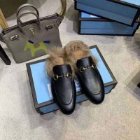 Gucci Women Princetown Leather Slipper with Lamb Wool-Black (1)