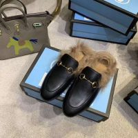 Gucci Women Princetown Leather Slipper with Lamb Wool-Black (1)