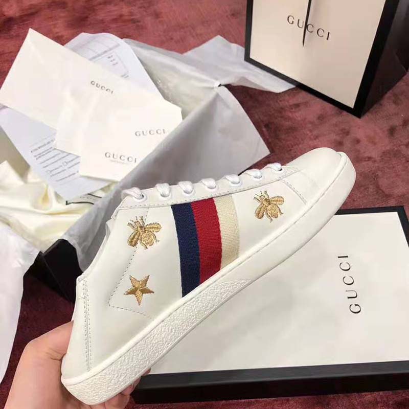 Gucci Women's Ace Embroidered Sneaker in White Leather with Bees and ...