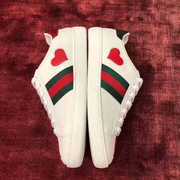 Gucci Women’s Ace Embroidered Sneaker with Two Leather Hearts in Rubber Sole-White (10)