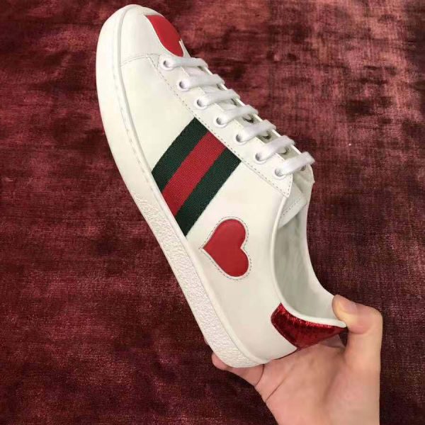 Gucci Women’s Ace Embroidered Sneaker with Two Leather Hearts in Rubber Sole-White (7)