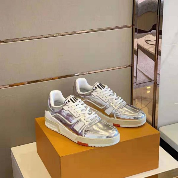 Louis Vuitton LV Men LV Trainer Sneaker in Metallic Silver Leather with Louis Vuitton Script Signature (2)