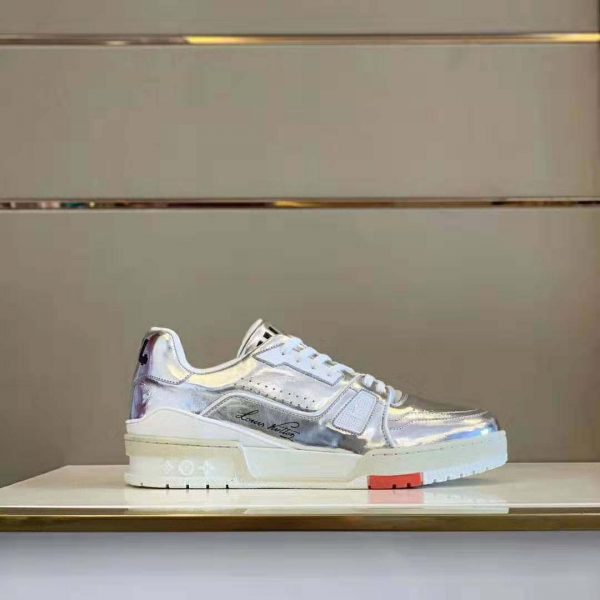 Louis Vuitton LV Men LV Trainer Sneaker in Metallic Silver Leather with Louis Vuitton Script Signature (3)