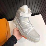 Louis Vuitton LV Unisex LV Trainer Sneaker Boot in Grained Calf Leather-White - Image 5