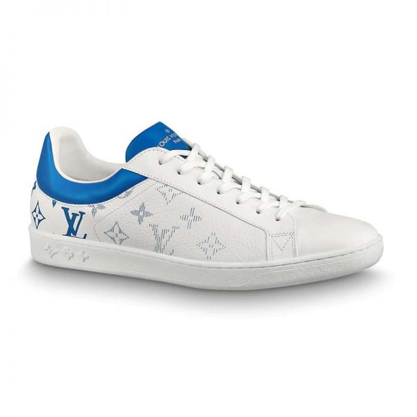 forfølgelse Klæbrig Metal linje Louis Vuitton LV Unisex Luxembourg Sneaker in White Grained Calf Leather- Blue - LULUX