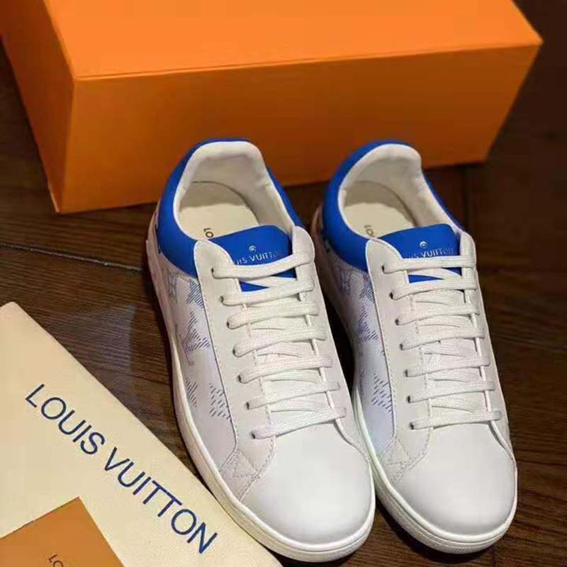 Louis Vuitton LV Unisex Luxembourg Sneaker in White Grained Calf Leather- Blue - LULUX