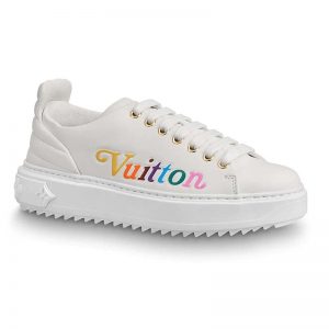 Louis Vuitton LV Unisex Time Out Sneaker in Supple Calf Leather with Rainbow-Colored Vuitton Signature-White