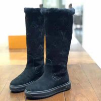 Louis Vuitton LV Women Breezy Half Boot in Black Suede Calf Leather with Monogram Canvas-Black (8)