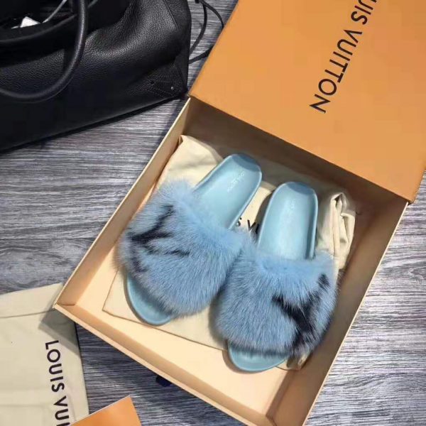 Louis Vuitton LV Women Furry Sandals in Mink Hair Leather-Blue (1)