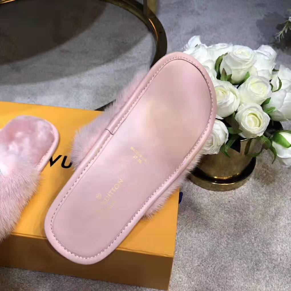 NEW LOUIS VUITTON LV Logo Pink Mink Fur Bom Dia Flat Mules Slides 40 1A4G9P  10US