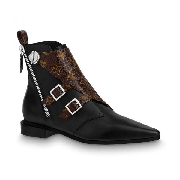 Louis Vuitton LV Women Jumble Flat Ankle Boot in Calf Leather and Patent Monogram Canvas-Black (1)