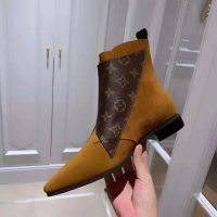 Louis Vuitton LV Women Jumble Flat Ankle Boot in Suede Calf Leather and Patent Monogram Canvas-Brown (1)