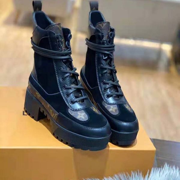 Louis Vuitton LV Women Laureate Platform Desert Boot in Soft Suede Calf Leather with Monogram Canvas-Black (7)