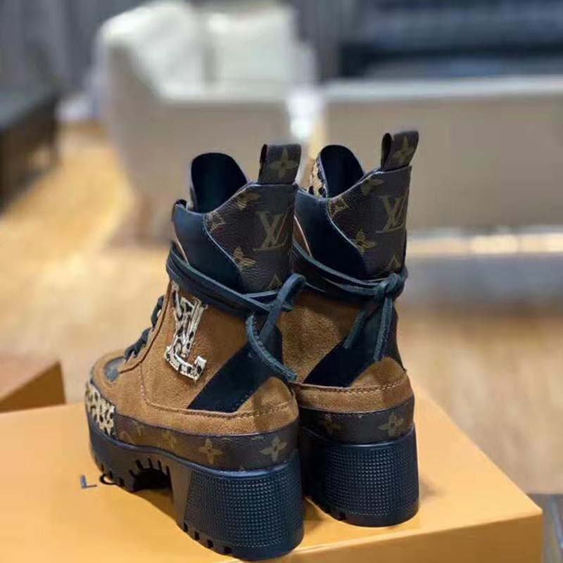 Louis Vuitton Women's Laureate Platform Desert Boots Suede with Monogram  Canvas Brown 20539915