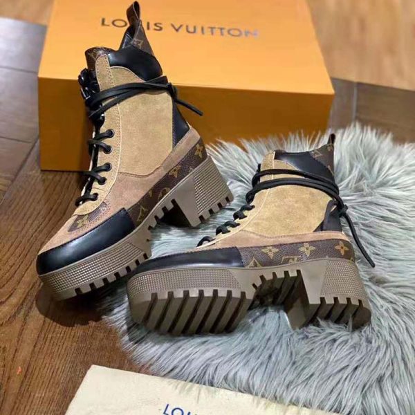 Louis Vuitton LV Women Laureate Platform Desert Boot in Suede Calf Leather and Monogram Canvas-Brown (5)