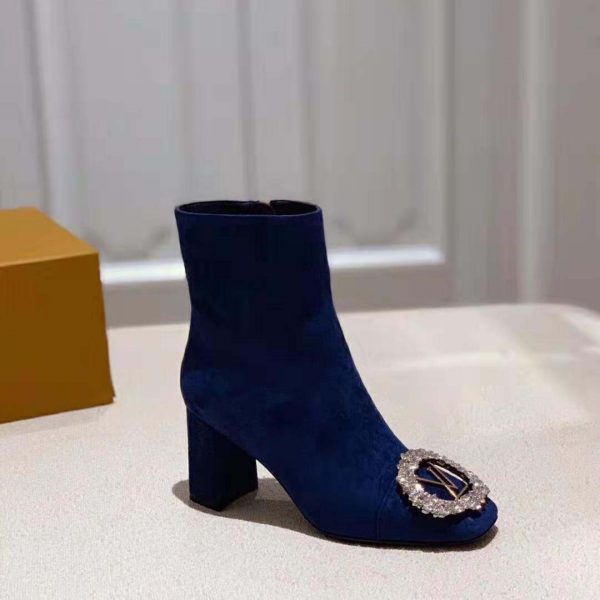 Louis Vuitton LV Women Madeleine Ankle Boot in Suede Baby Goat Leather 7.5 cm Heel-Blue (2)