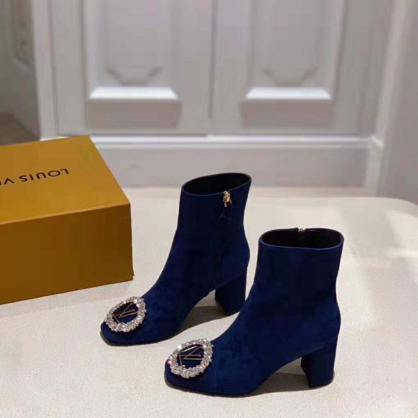 Louis Vuitton LV Women Madeleine Ankle Boot in Suede Baby Goat Leather 7.5 cm Heel-Blue (6)