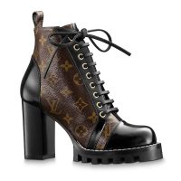 Louis Vuitton LV Women Star Trail Ankle Boot in Black Calf Leather with Monogram Canvas-Brown