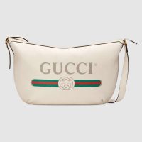 Gucci GG Unisex Gucci Print Half-Moon Hobo Bag in Leather with Gucci Vintage Logo-White