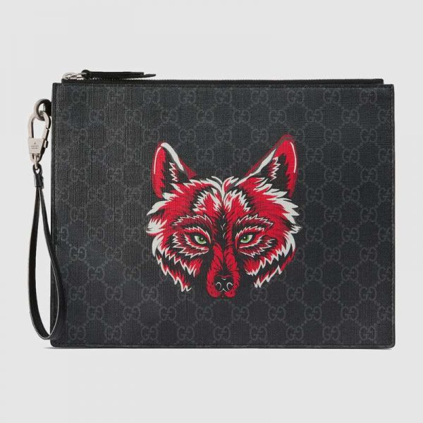 Gucci GG Men Gucci Bestiary Pouch with Wolf in Black and Grey GG Supreme Canvas (1)