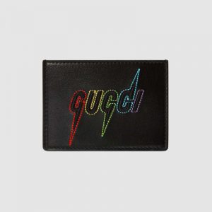 Gucci GG Unisex Card Case with Gucci Blade Embroidery in Black Leather