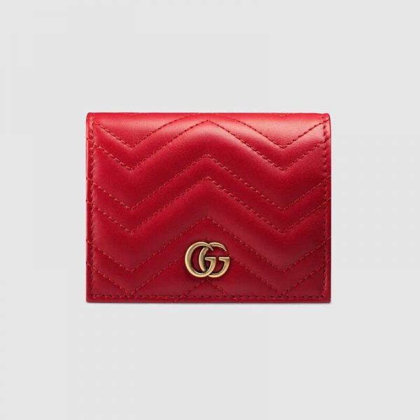 Gucci GG Unisex GG Marmont Card Case Wallet in Matelassé Chevron Leather-Red