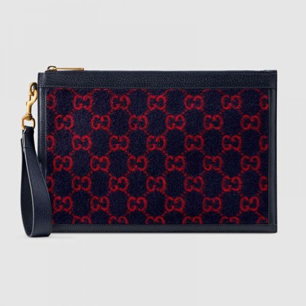 Gucci GG Unisex GG Wool Pouch in Blue and Red GG Wool