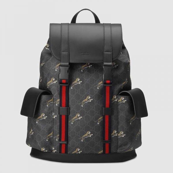 Gucci GG Unisex Gucci Bestiary Backpack with Tigers in BlackGrey Soft GG Supreme Canvas (1)