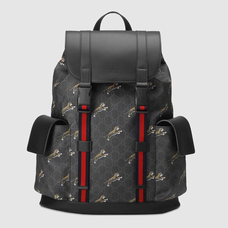 Gucci GG Unisex Gucci Bestiary Backpack with Tigers in Black/Grey Soft ...