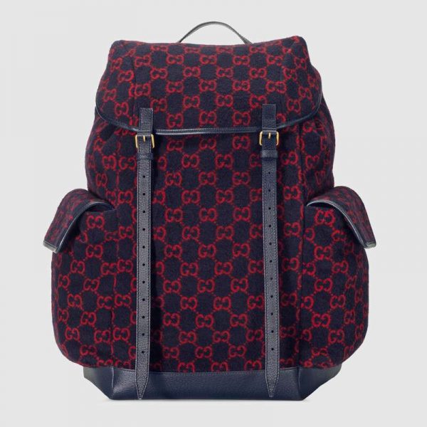 Gucci GG Unisex Large GG Wool Backpack in Wool and Leather-Blue