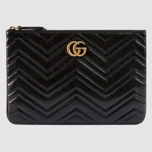 Gucci GG Women GG Marmont Leather Pouch in Black Matelassé Chevron Leather with Heart