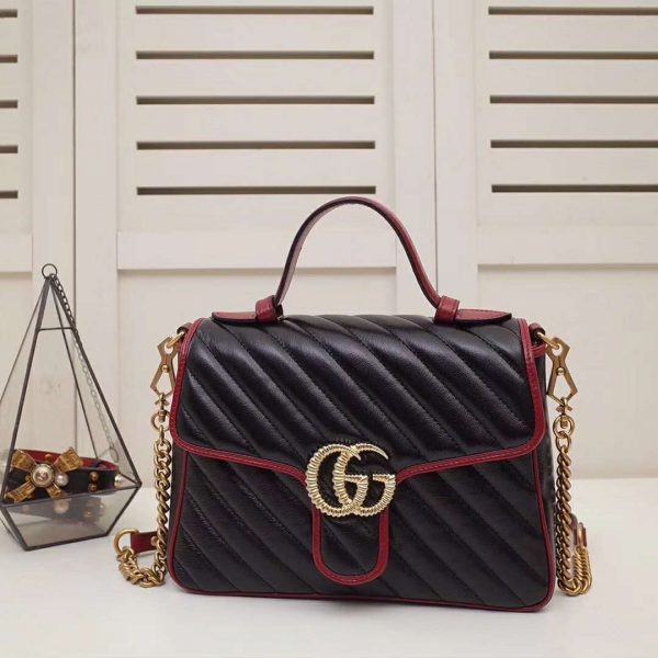 Gucci GG Women GG Marmont Small Top Handle Bag in Black Diagonal Matelassé  Leather - LULUX