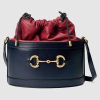 Gucci GG Women Gucci 1955 Horsebit Bucket Bag in Textured Leather Bottom-Blue (1)
