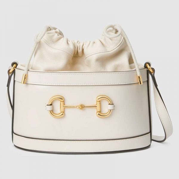 Gucci GG Women Gucci 1955 Horsebit Bucket Bag in Textured Leather Bottom-White