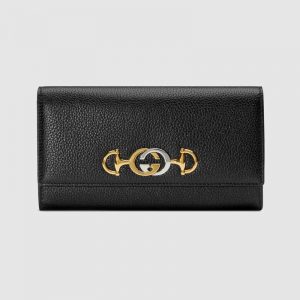 Gucci GG Women Gucci Zumi Grainy Leather Continental Wallet-Black