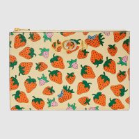 Gucci GG Women Gucci Zumi Strawberry Print Pouch in Ivory Leather (1)