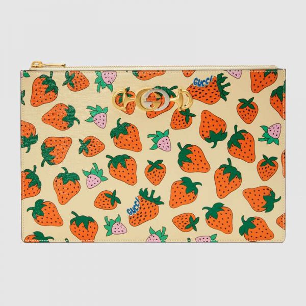 Gucci GG Women Gucci Zumi Strawberry Print Pouch in Ivory Leather (1)