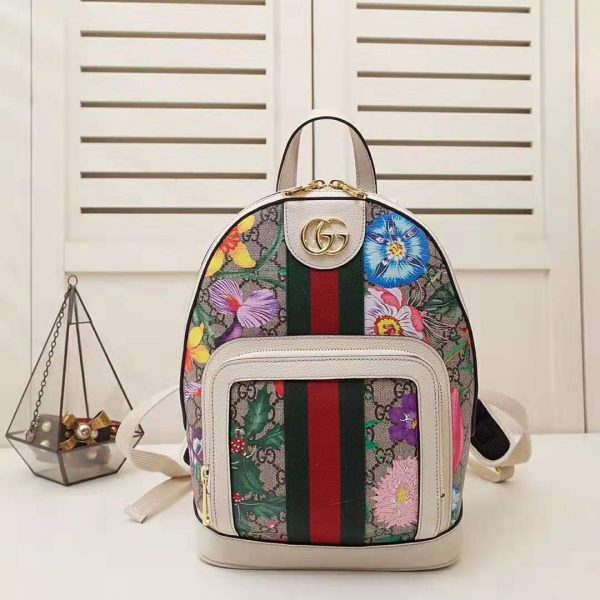 Gucci GG Women Ophidia GG Flora Small Backpack in BeigeEbony GG Supreme Canvas (2)